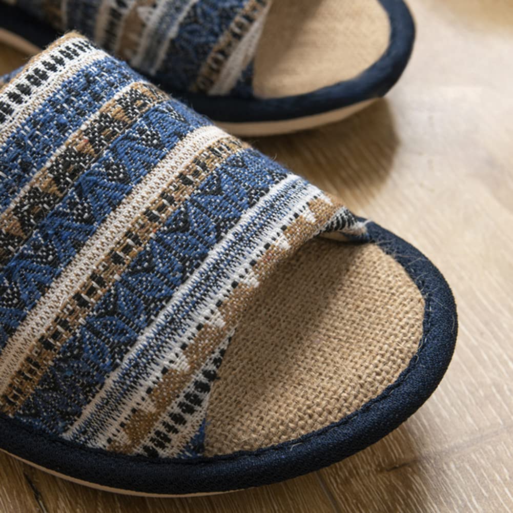 Ethnic Print Cotton Linen Front Indoor Shoes for Men and Women [Euyqs] Slippers, Opening, Summer, Natural, Anti-Slip, Quiet, (25.5-26.5 Cm, Navy,