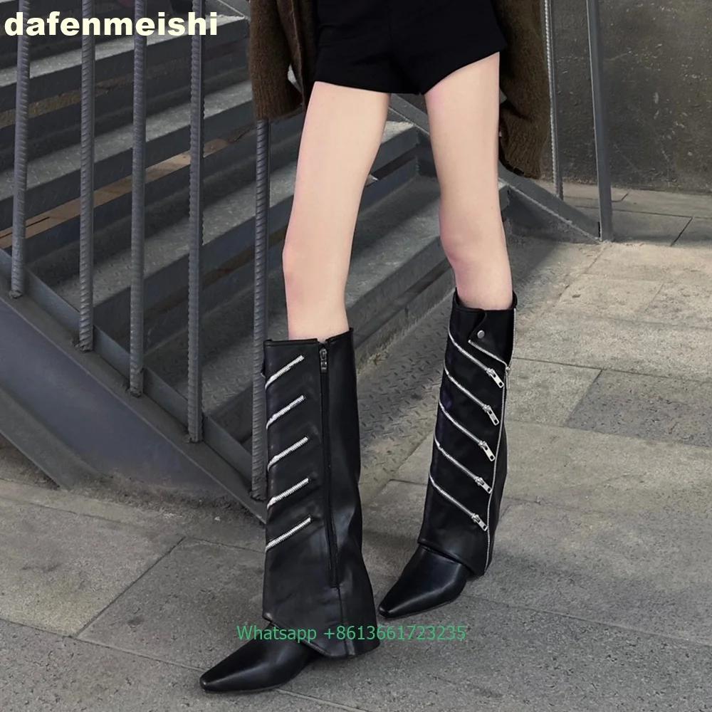 Pointed Zipper Decorated Shark Boots Women 2025 Summer New Side Zip Long Boots 6.5Cm Wedges Black Leather Knee-High Boots