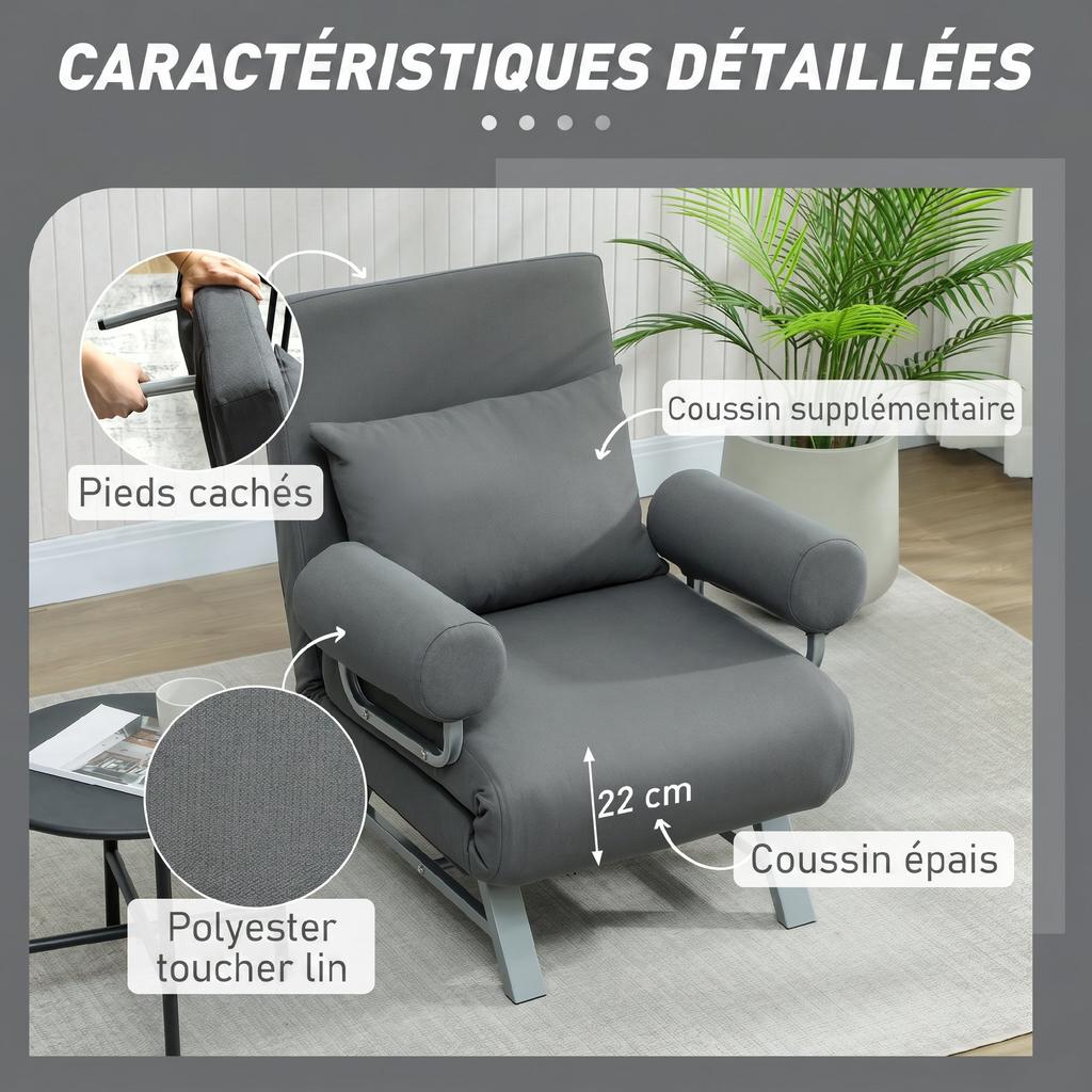 Convertible Armchair, 1-Seater, Folding Bed, Linen, Adjustable Backrest, Pillow, Dark Grey