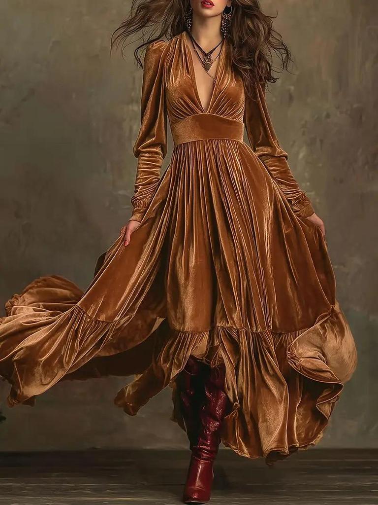 Vestido Elegante Retro de Terciopelo con Escote en V Profundo de Manga Larga hasta el Suelo de Corte A