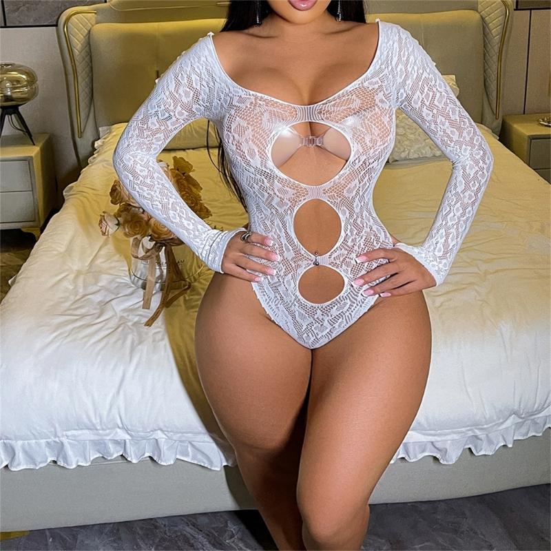 Damski Monokini z Długim Rękawem i Wycięciami z Siateczki Fishnet, Bez Pleców, Prześwitujące Siatkowe Body, Rajstopy Bielizna Piżama Ubrania Klubowe