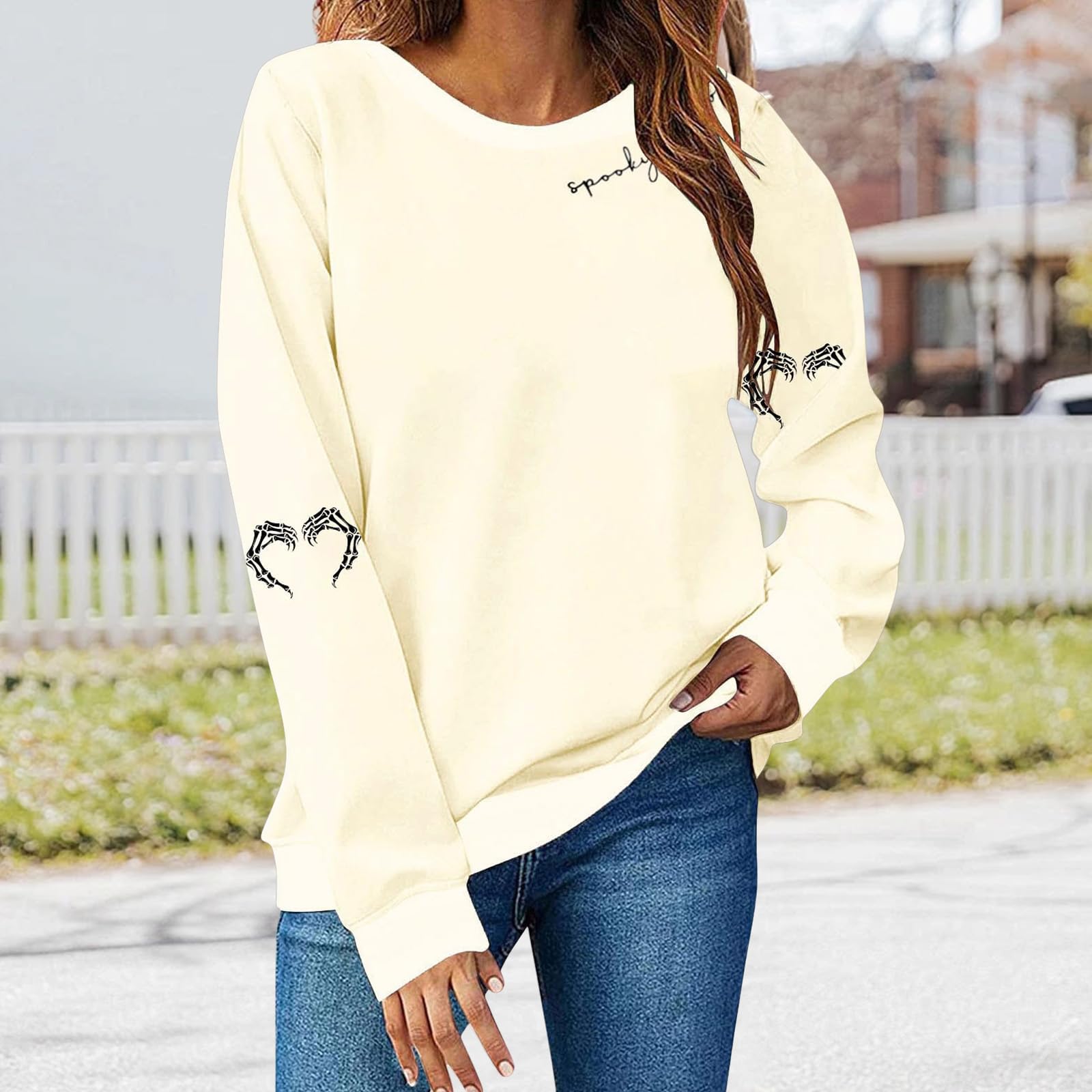 

Ladies Loose Comfortable Casual Fashionable Halloween Printed Long Sleeved Sweatshirt L бежевий