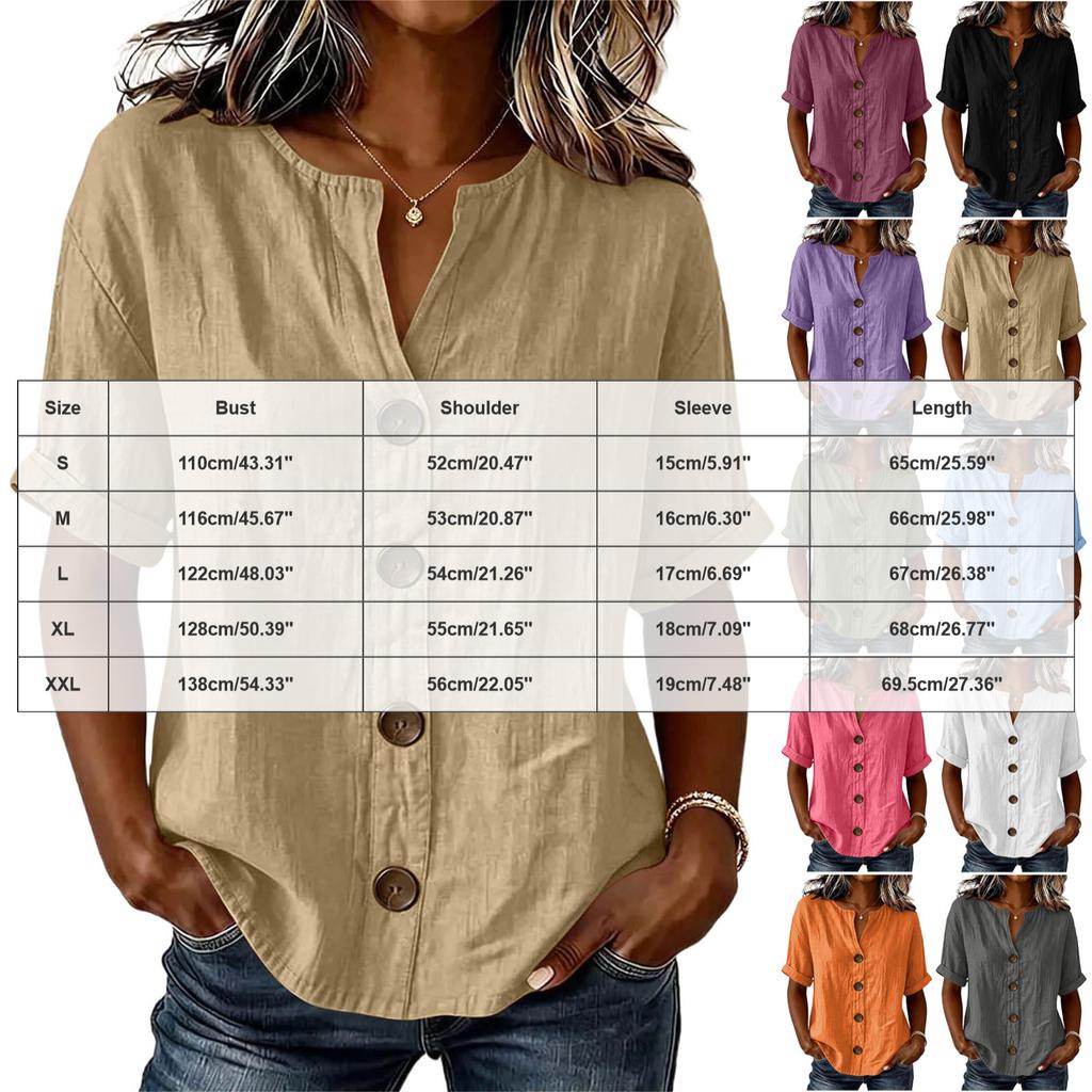 Women'S Elegant V Neck Short Sleeve Button Down Cotton Linen Blouse, Solid Color Summer Office Casual Top