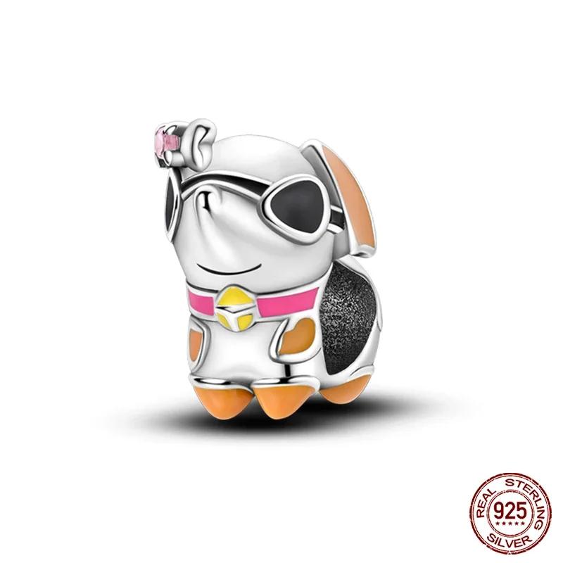 Colgantes de plata de ley S925 con forma de gato, perro, mariposa, flor y cadena de seguridad de color morado, aptos para pulseras originales DIY