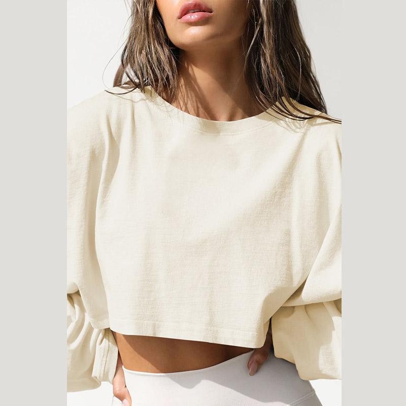 Løstsittende rund hals cropped sweatshirt dame avslappet langermet basis sportsskjorte høst vinter ensfarget kort genser