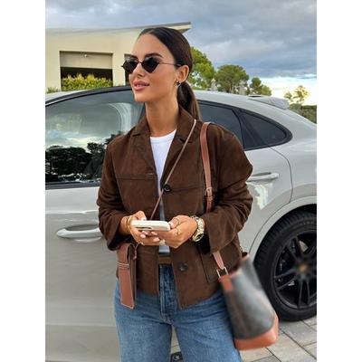 Brown Suede Short Women Jacket Casual Long Sleeve Single Button Turn-down Collar Female Coat Autumn Retro Lady Streetwear
