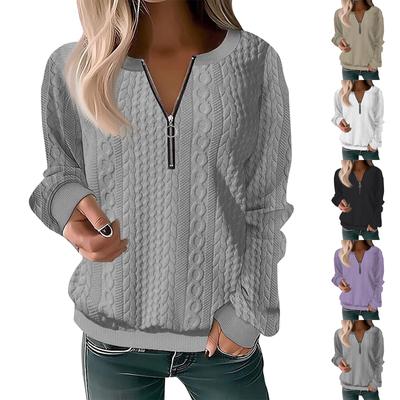 Women's Fashion Casual Zipper V-Neck Loose Long Sleeve Solid Color Sweatshirt