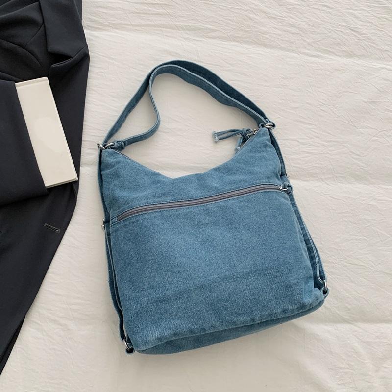 Vintage Denim Tote Bag Multi-Pocket Commuter Shoulder Crossbody Bag