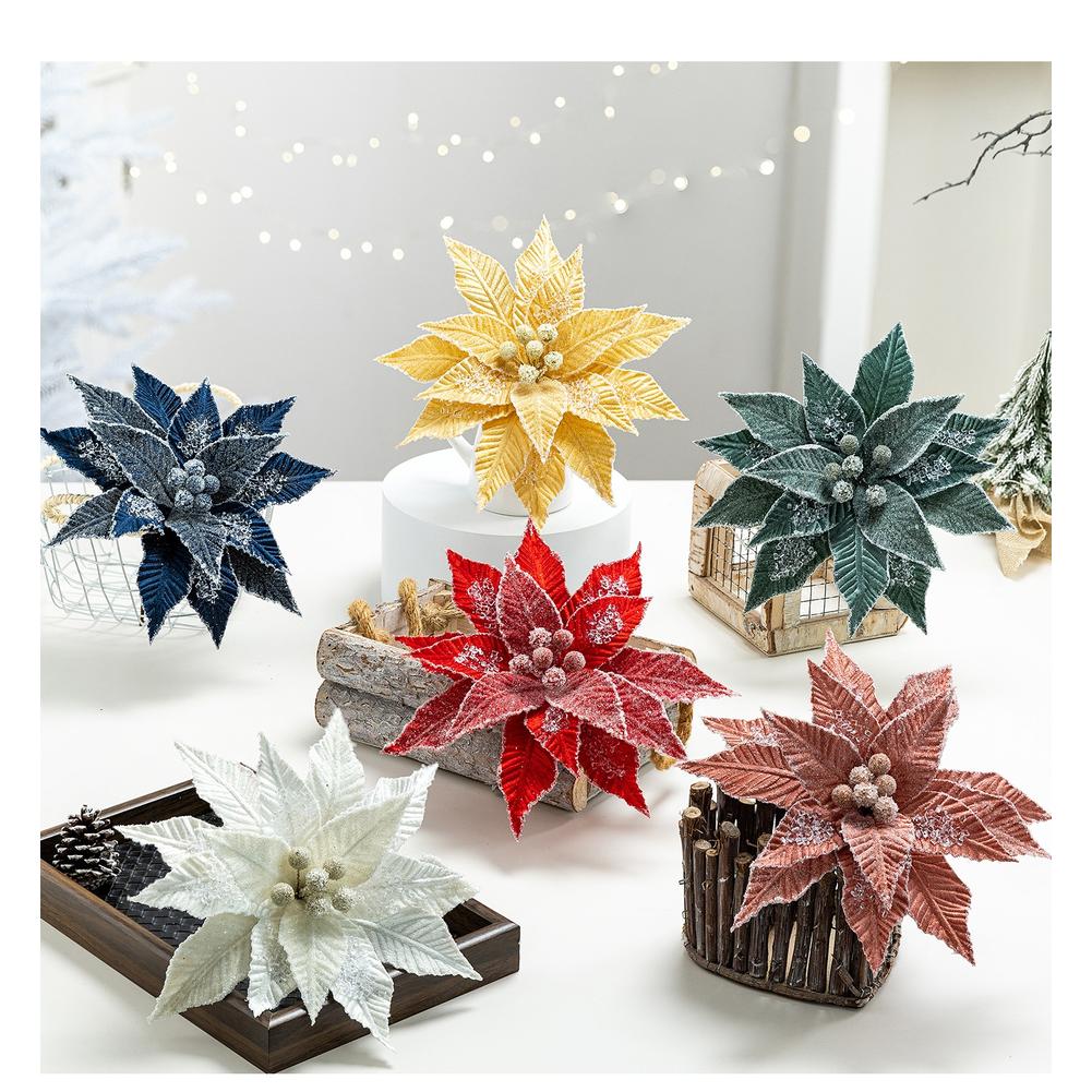 Velvet Christmas simulation flower decoration with frosted petals for holiday tree DIY crafting and seasonal festive displays