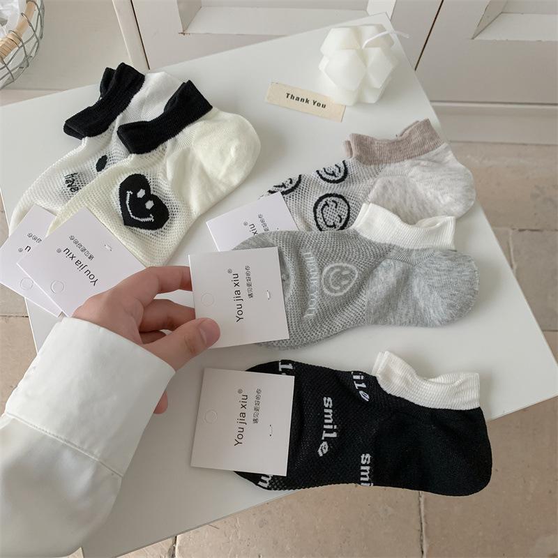 Ladies Spring and Summer Thin Cute Cartoon Net Eye Shallow Mouth Boneless Low Top Cotton Socks