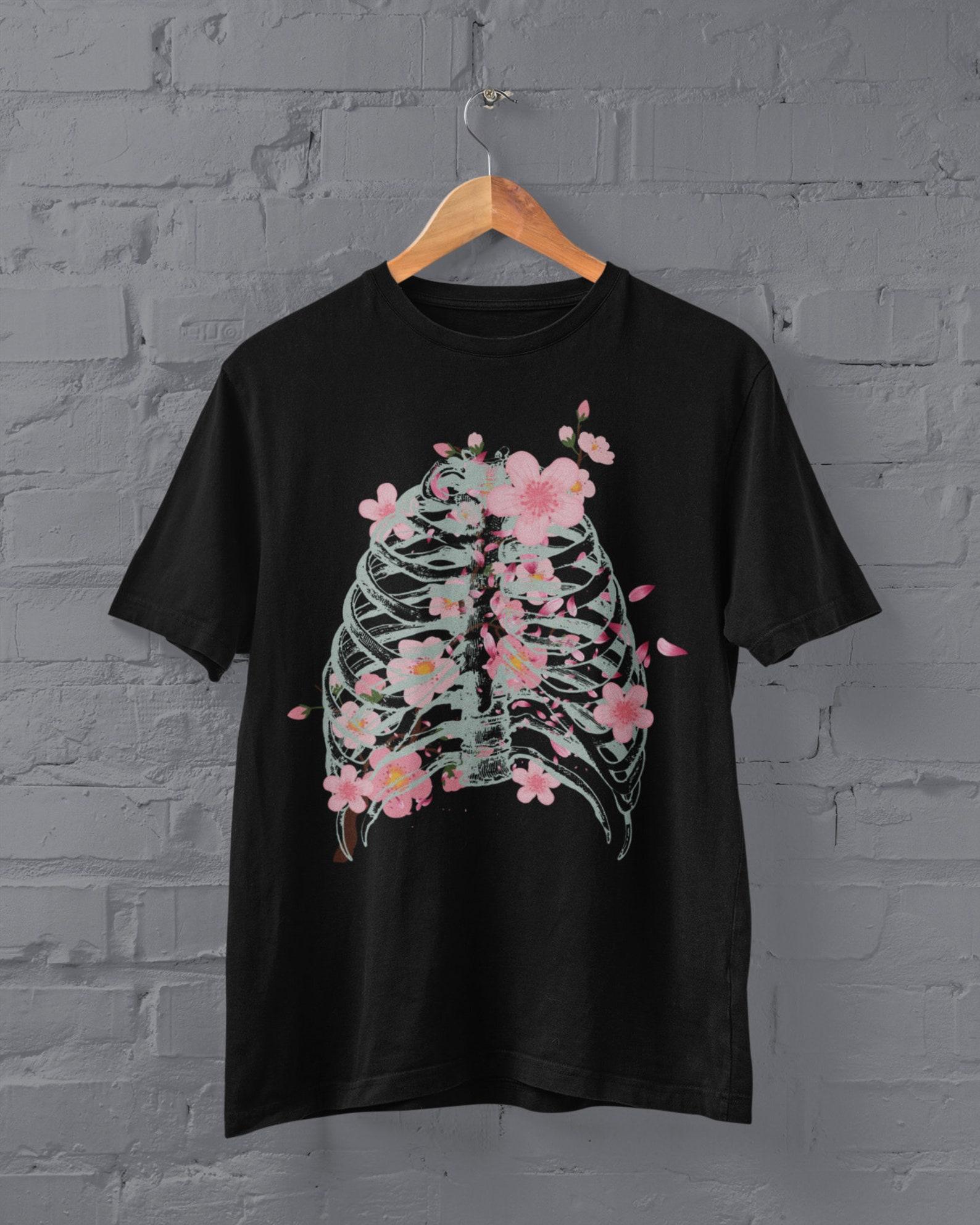 Skeleton Shirt,Pastel Goth Clothing,Grunge Ribs Shirt,Wildflowers TShirt,Goth Grunge Clothing,Alt Goth,Dark Academia,Y2k Clothing,Goblincore 2XL