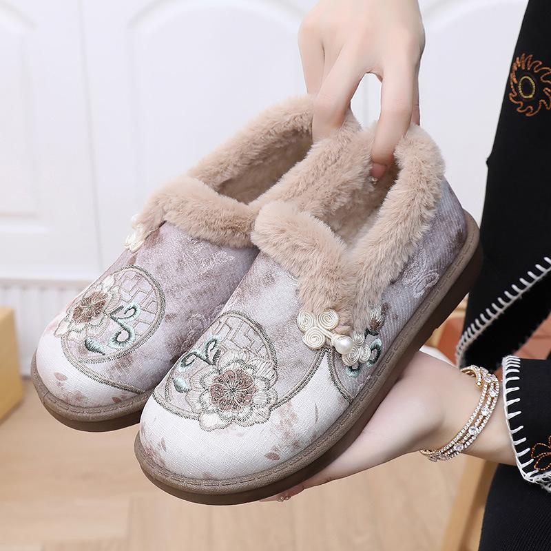 

Женские зимние теплые мокасины на платформе, вышитые лоферы с пушистой плюшевой подкладкой, нескользящие домашние тапочки для улицы, обувь для ходьбы из искусственного меха для женщин 41
