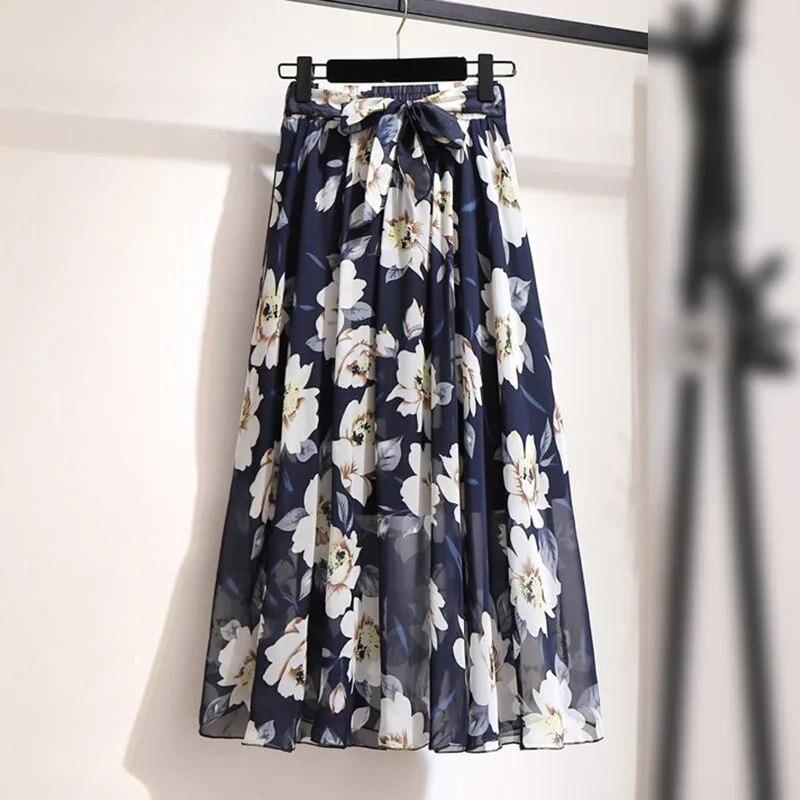 Frauen böhmische Blume langen Rock Sommer Strand sonnige Röcke Blumenschleife Chiffon hohe Taille Rock