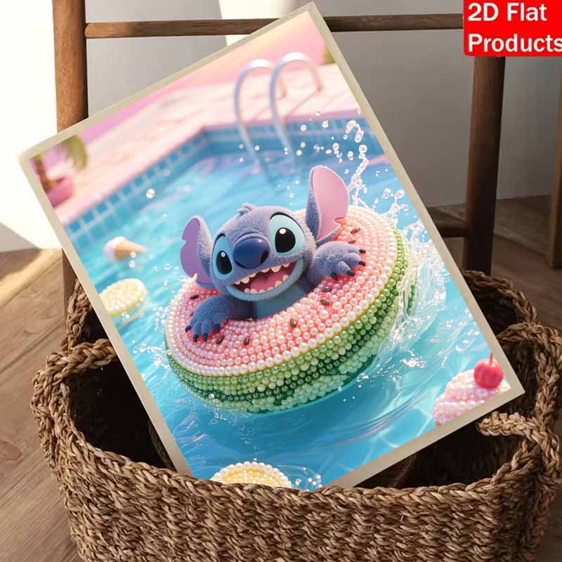 Disney Stitch Pearl Painting Handmade DIY Pearl Art Painting Simple Living Room Hanging Painting Decoration Watermelon Ring Splash Pool Fun Summer