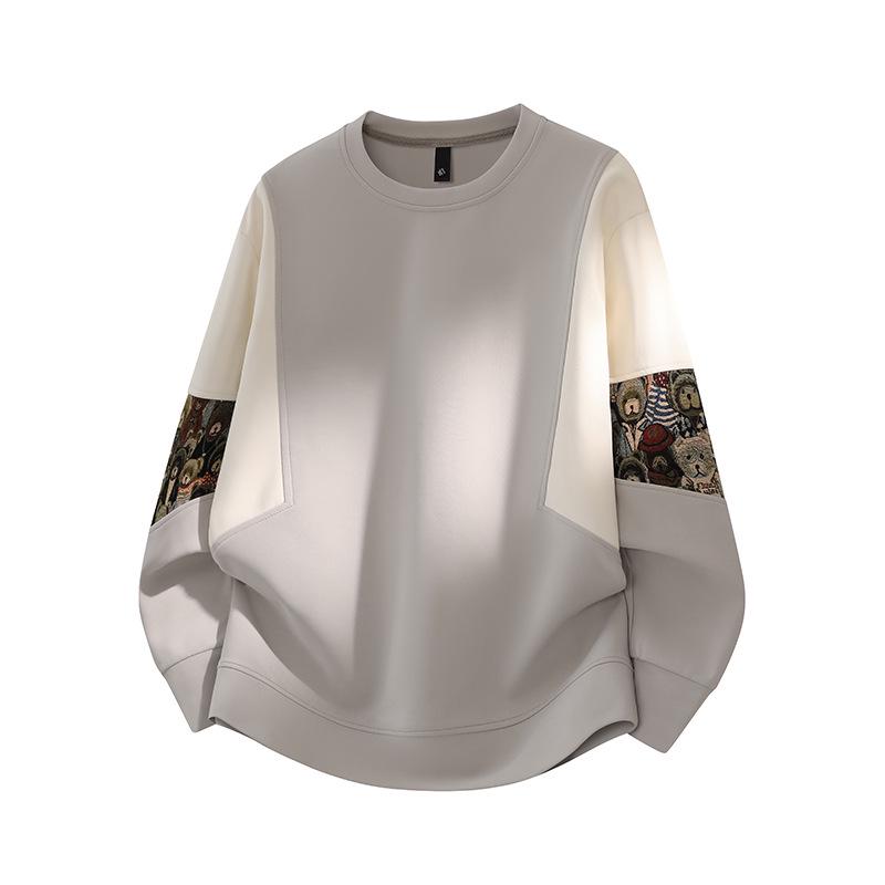 ACU Menswear Fleece-Lined Men's Sweatshirt - Autumn/Winter 2026, Bear Sleeve Patchwork, Jacquard, Round Neck, Color Block Design