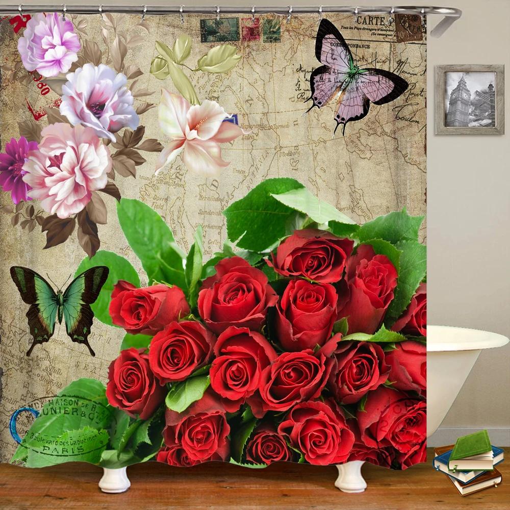 Retro European Shower Curtain ,Flowers Printed Bath Curtain Polyester Fabric Western Style Home Bath Decor Curtains With Hooks