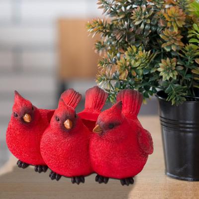 Three Red Bird Flowerpot Resin Figurine Weather-proof Indoor Outdoor Desktop Vegetable Herb Succulent