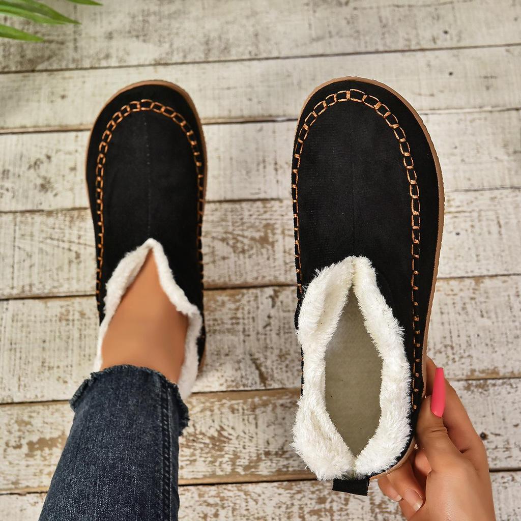2024 Women's Winter Warm Flat Cotton Shoes - Plus Size, Solid Color, Plush Lined