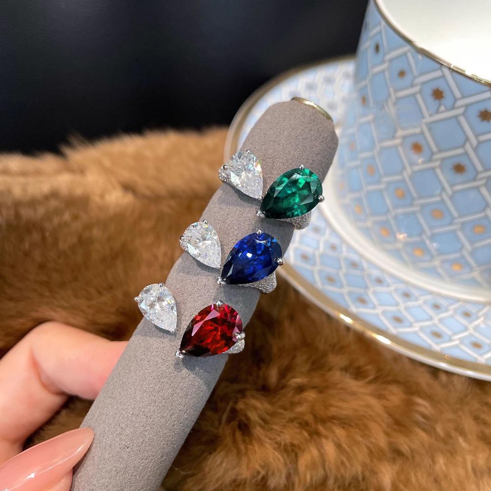 Open Ring Fashion Luxury Red Diamond Drop Shape Ring Unique Design Blue Gemstone Women Statement Ring