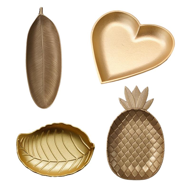 Golden Decorative Tray Nordic Metal Storage Tray, Gold Pineapple/Leaf Shape, Home Display & Decor Plate (Multi - Styles)