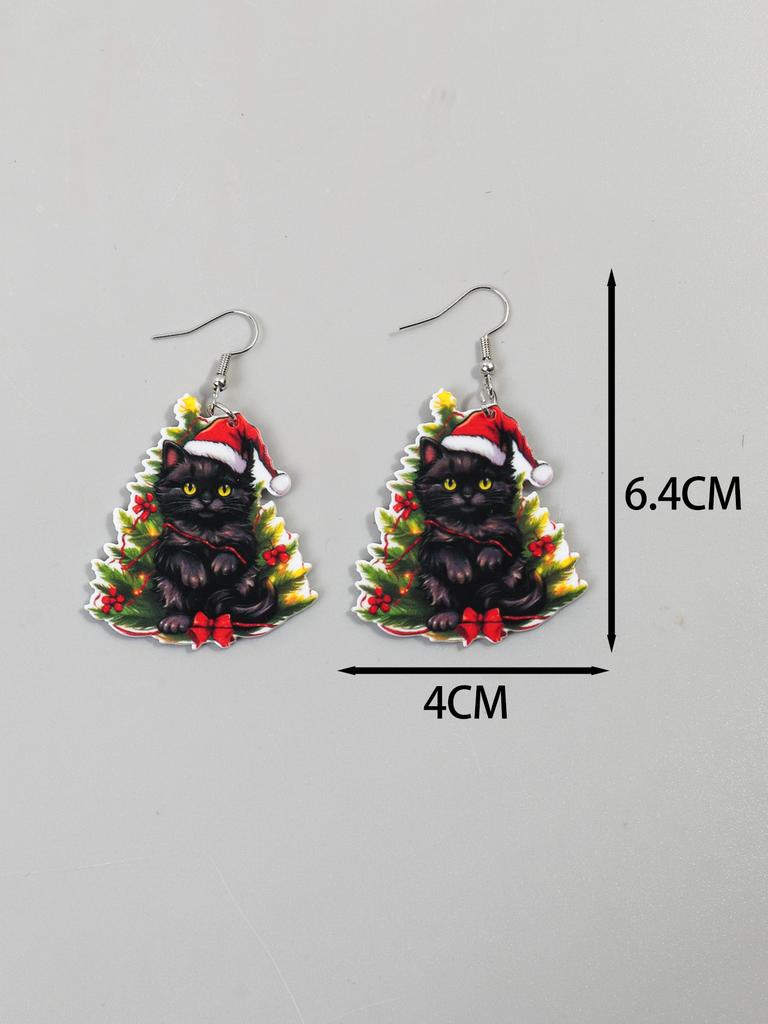 Cute Christmas Hat Cat Colorful Lamp Earrings for Women Lovely Cartoon Black Kitten Drop Earring Party Jewelry Xmas Gifts
