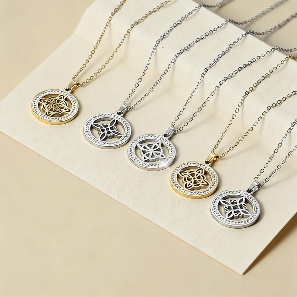 Fashion Witch Knot Necklace Celtic Irish Round Pendant Necklace with Rhinestones Women's Clavicle Chain Lucky Jewelry Party Gift