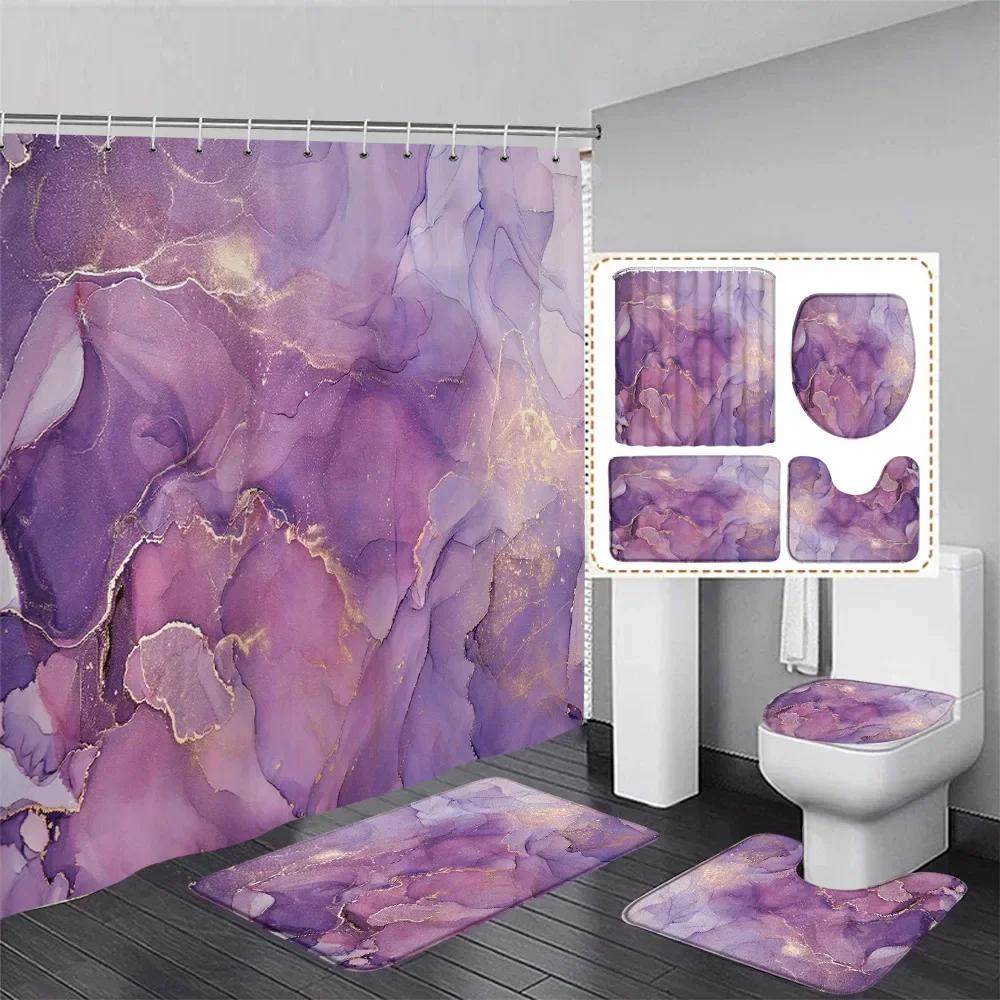 Abstract Pink Marble Shower Curtain Set Gold Textured Modern Geometric Ink Art Bathroom Decor Door Rug Bath Mat Toilet Lid Cover