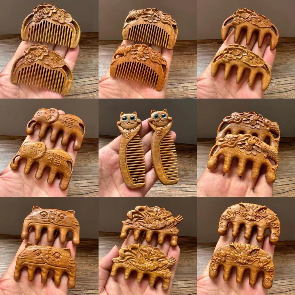 Green Sandalwood Carved Portable Scalp Massage Comb for Women