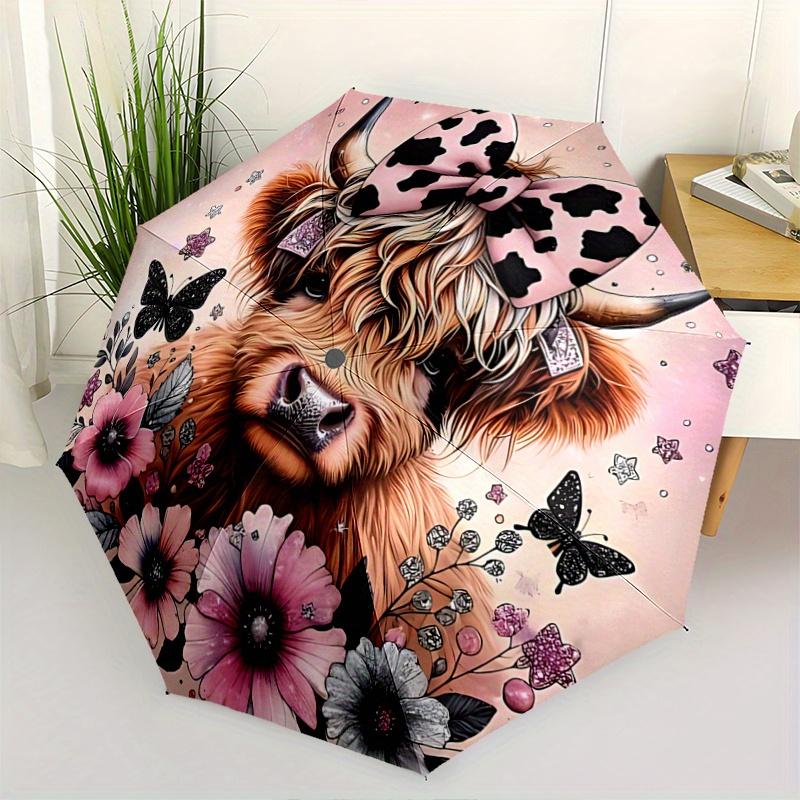 

1pc Domineering Cow & Flower Design Automatic Opening and Closing Umbrella - Small Umbrella Suitable for Various Occasions, Portable 3-Fold Small Umbr