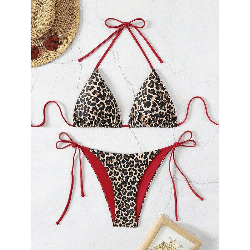 Bikini de Dos Piezas para Mujer con Estampado de Leopardo, Halter Triángulo, Atado Lateral