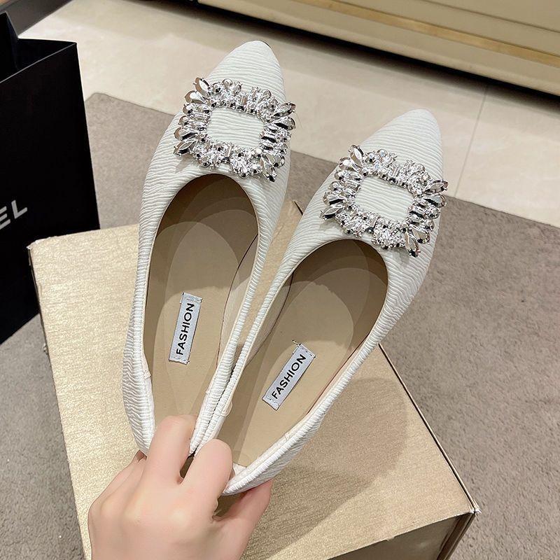 French Ladyshoes Single Shoes 2025 New Spring and Autumn Gentle Evening Pointed Shoes Flat Bottom Shallow Mouth Soft Bottom Temperament Rhinestone