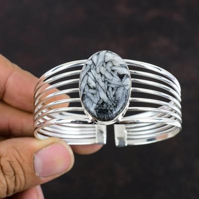 Bracciale a Manica in Diaspro Pinolite Argento Sterling 925 Bracciale Regolabile Bracciale Fatto a Mano con Pietra Preziosa Autentica Braccialetto Sottile Regalo di Anniversario