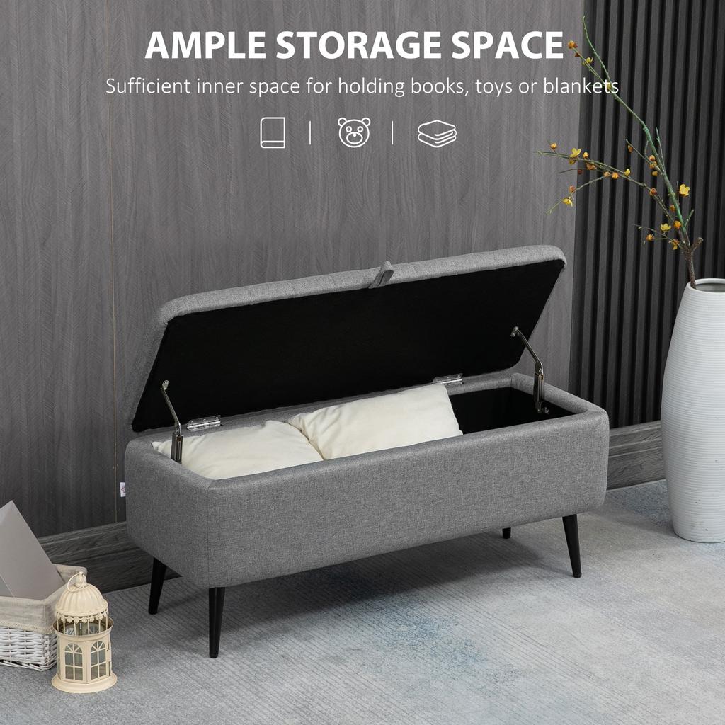 Storage Ottoman with Flip Top, Rectangular Upholstered Bench, Linen Look Fabric Footstool with Steel Legs for Living Room, Bedroom, Grey
