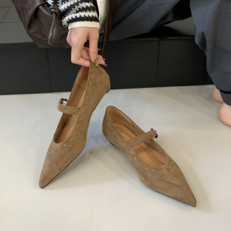 French Beautiful Rivet One-word Buckle with Flat Heel Shallow Mouth Single Shoes Autumn Late Evening Temperament Elegant Mary Jane Shoes