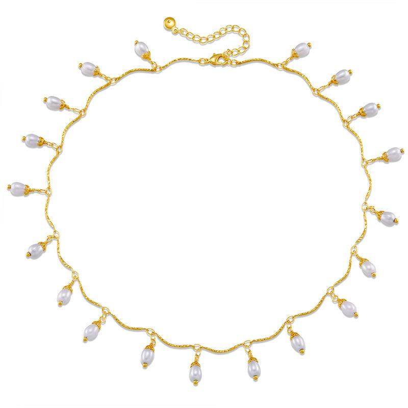 Gold Plated Twisted Chain Dangling Teardrop Pearl Choker Necklace