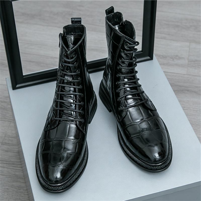 New Designer Crocodile Pattern Pointed Business Casual Ankle Boot For Men Winter High Tops New Motorcycle Chelsea Leather Shoes