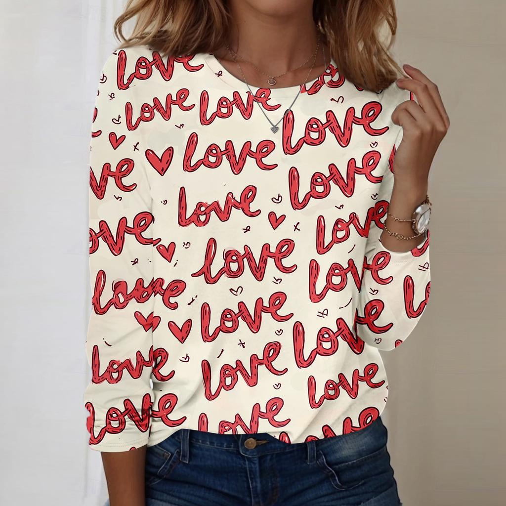 Damen Rundhals-Oberteil mit Herz-Print, locker, langärmelig