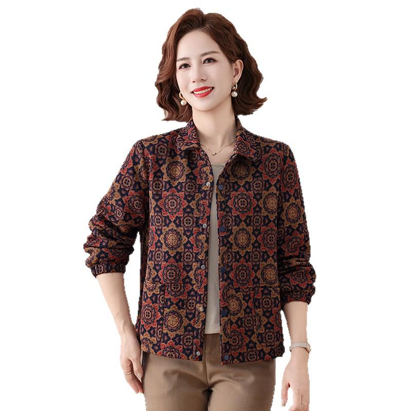 Mom's Autumn Print Zipper Cardigan – 2025 New Loose Lapel Jacket for Middle-Aged and Elderly Women