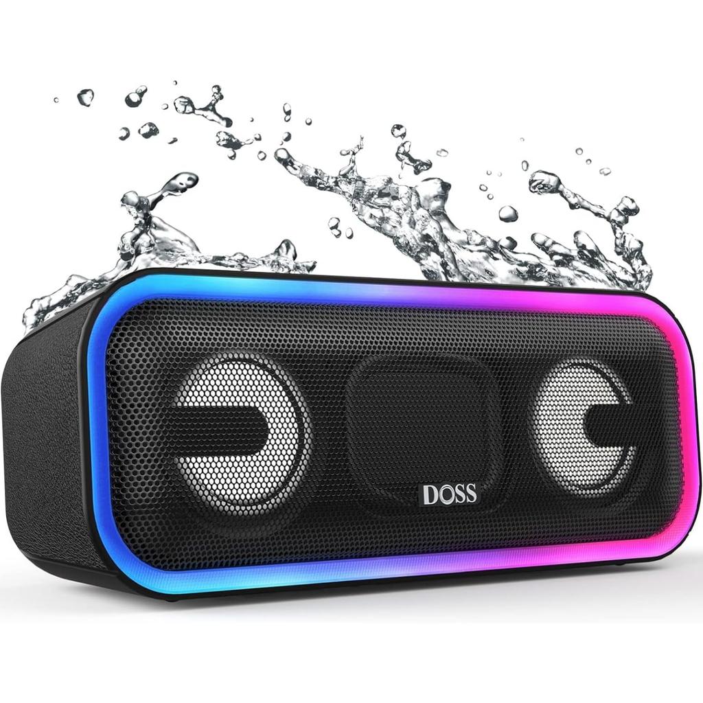 DOSS SoundBox Bluetooth Deep Compact Bluetooth Speaker Hours of Wireless Stereo Lighting IPX6 TF Card Suitable for Bathrooms and Pro+ Speaker, 24W,