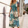 Women’s V Neck Short Sleeve Summer Dress with Hawaiian Print Relaxed Fit Casual Midi Dress for Daily Wear and Vacations