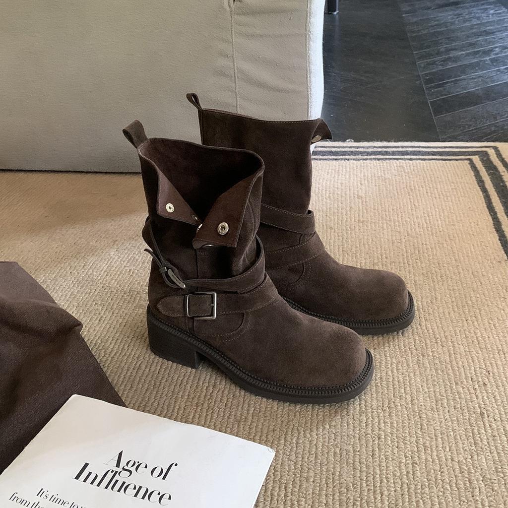 Cowhide Version~ Grape Mother Same Height Increase 5.5cm Martin Boots Women's Maillard Thick Heel Boots Thick-soled Buckle Short Boots