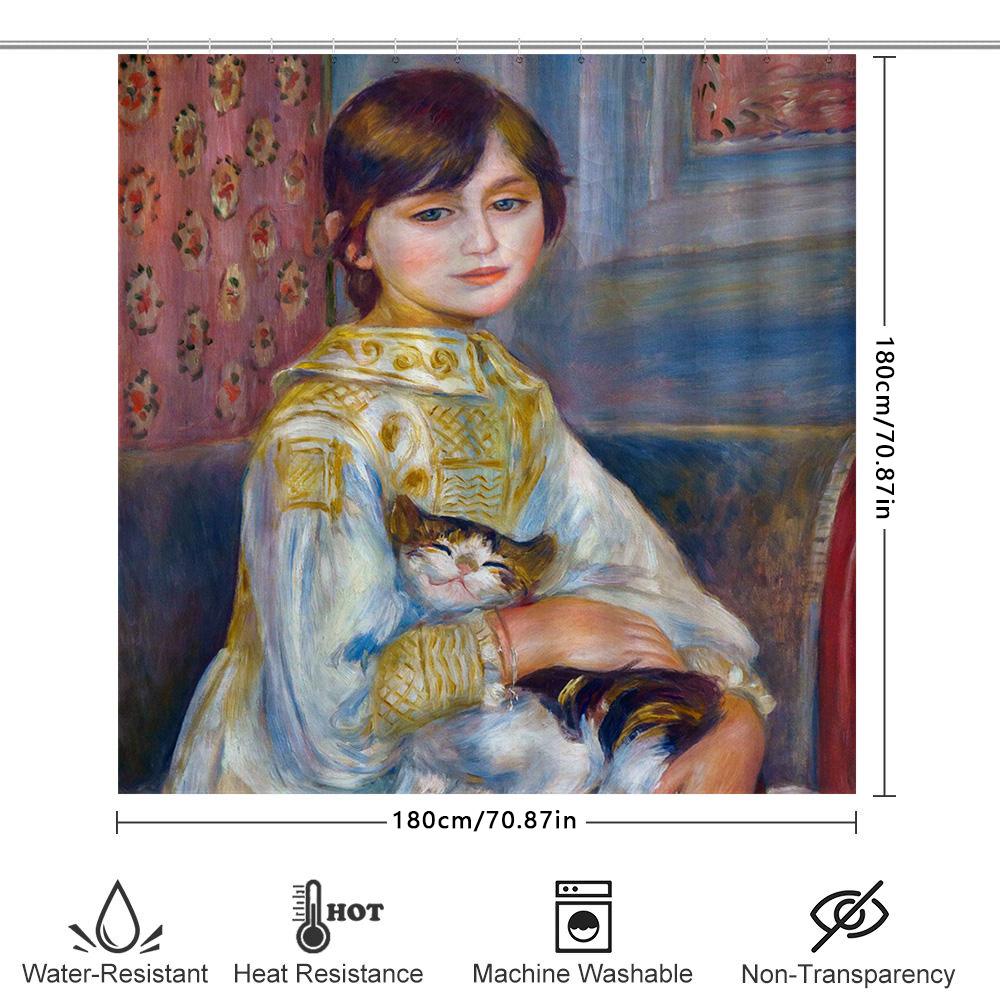 Charming Retro Style Oil Painting Shower Curtain For Home Decor Blue Color With Cat And Woman Design Art Print Waterproof 3D Fab
