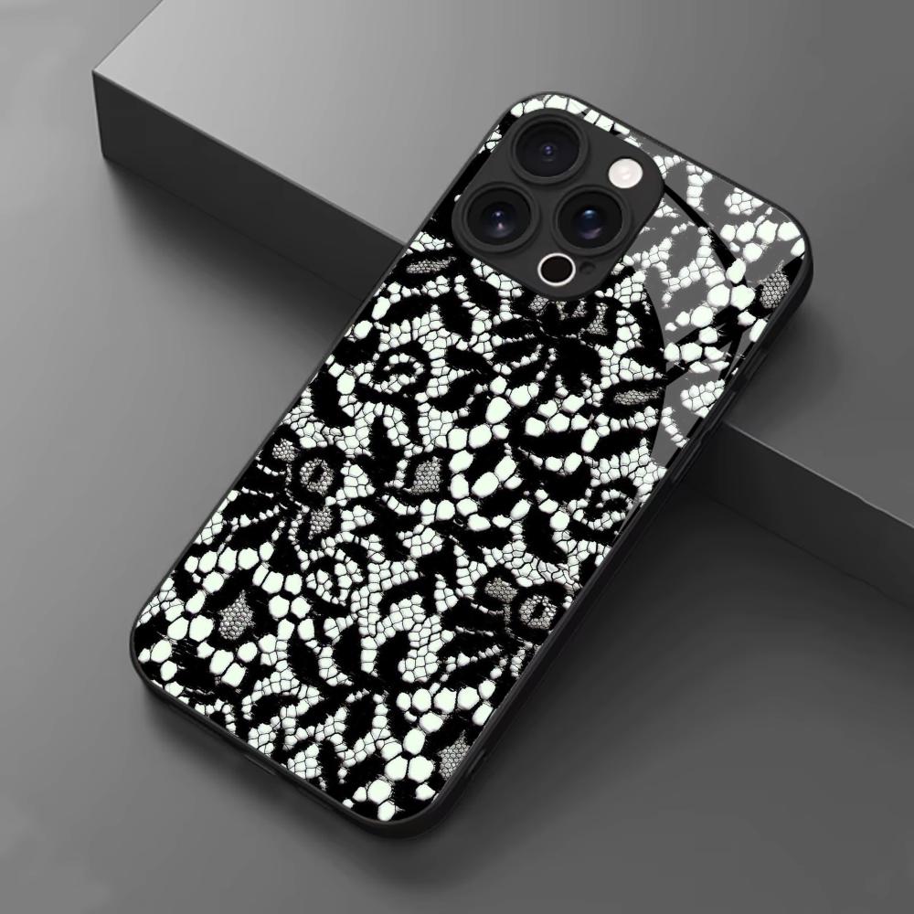 Black & White Floral Lace Glass phone case mobile phones for iphone 17 pro max cover for iPhone 17 16 15 14 13 12 11pm Pro Plus
