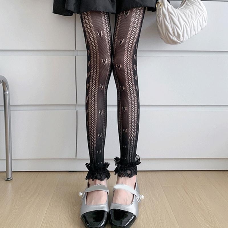 Women Hollowout Heart Pattern Fishnet Tights No Toes Pantyhose High Waist Footless Ruffle Lace Trim Leggings Stockings