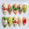24PCS Green Cute Apple Almond Press On Nails Sweet Pink Plaid Polka Dots Fake Nails for Women with Little Bug Design False Nails