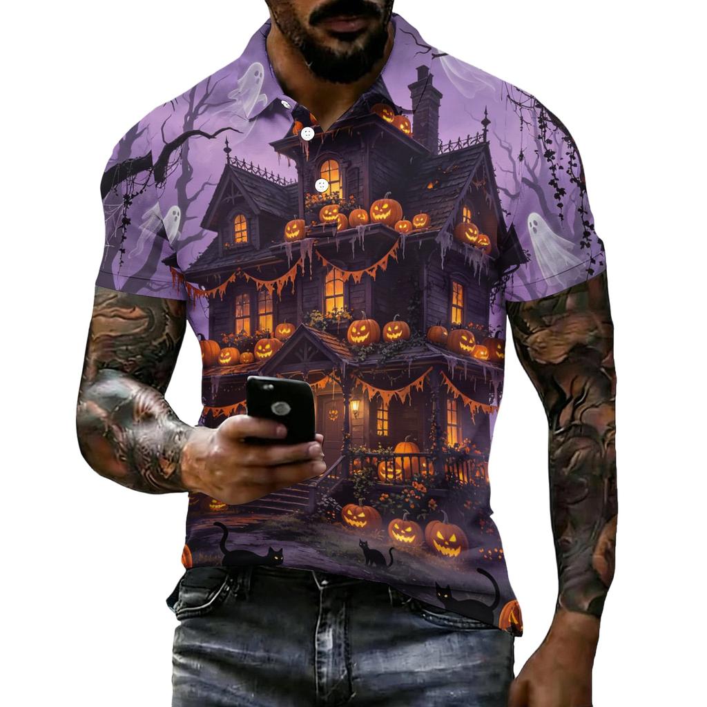 Men's Halloween Print Vintage Texture Short Sleeve Polo Shirt Loose Breathable Summer Sports Street Casual Daily Wear Top