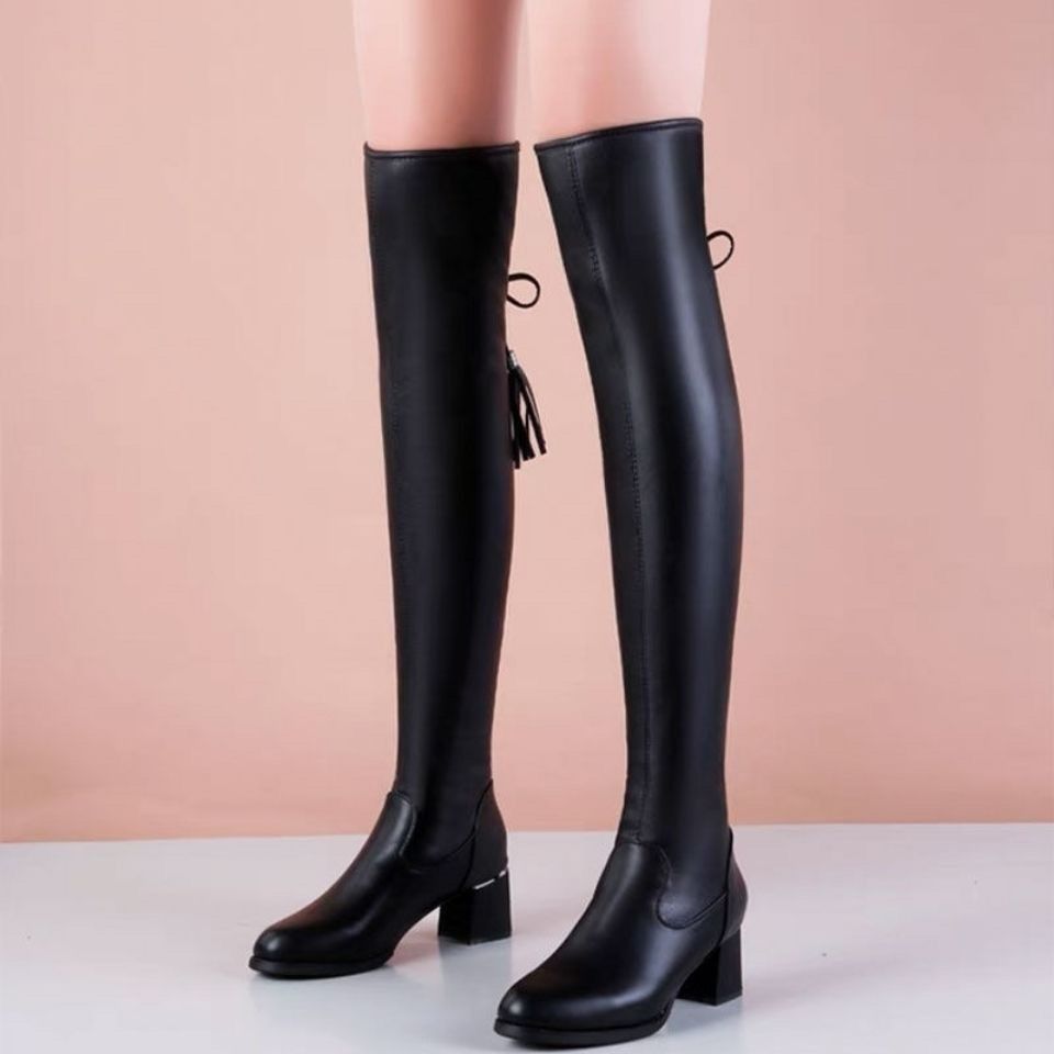 Fashion Black Leather Pointed Toe Ladies Above Over The Knee Shoes Autumn Winter Fleece-Lined Middle Heel Goth Women's Thigh High Boots