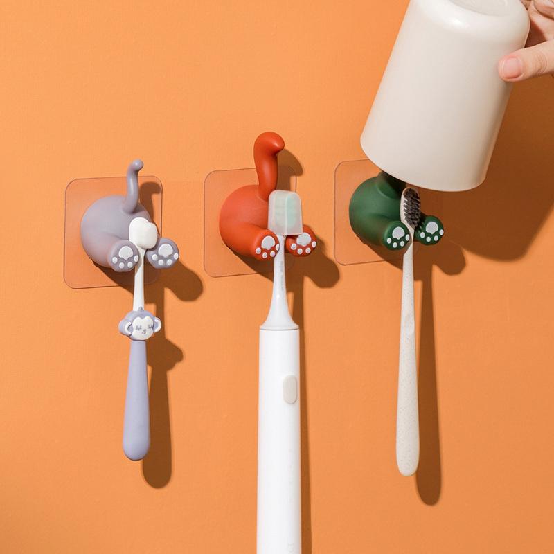 Cartoon Animal Tail Toothbrush Holder Punch-Free Wall Hook Cute Self-Adhesive Bathroom Towel Hook Children Toothbrush Holder