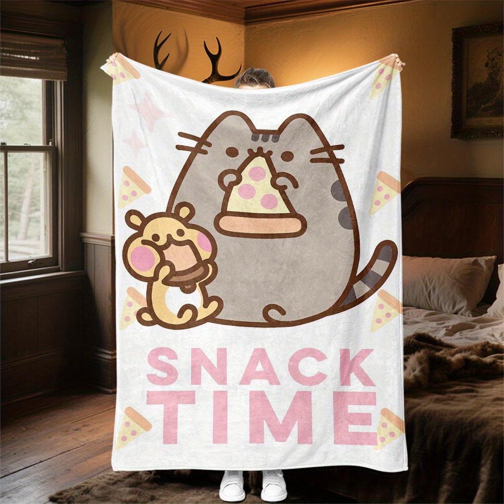 1ks Pusheen Tématická deka z flanelu se svačinkovým designem - 3D tištěná měkká teplá, lehká přikrývka pro všechna roční období pro kempování, cestování, postel -080735