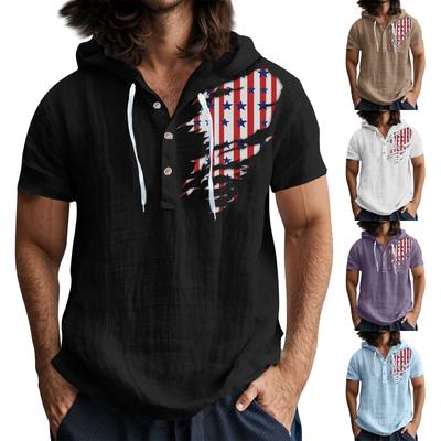 Men'S Casual Short Sleeved Hooded Top Buttoned Open Neck T-Shirt